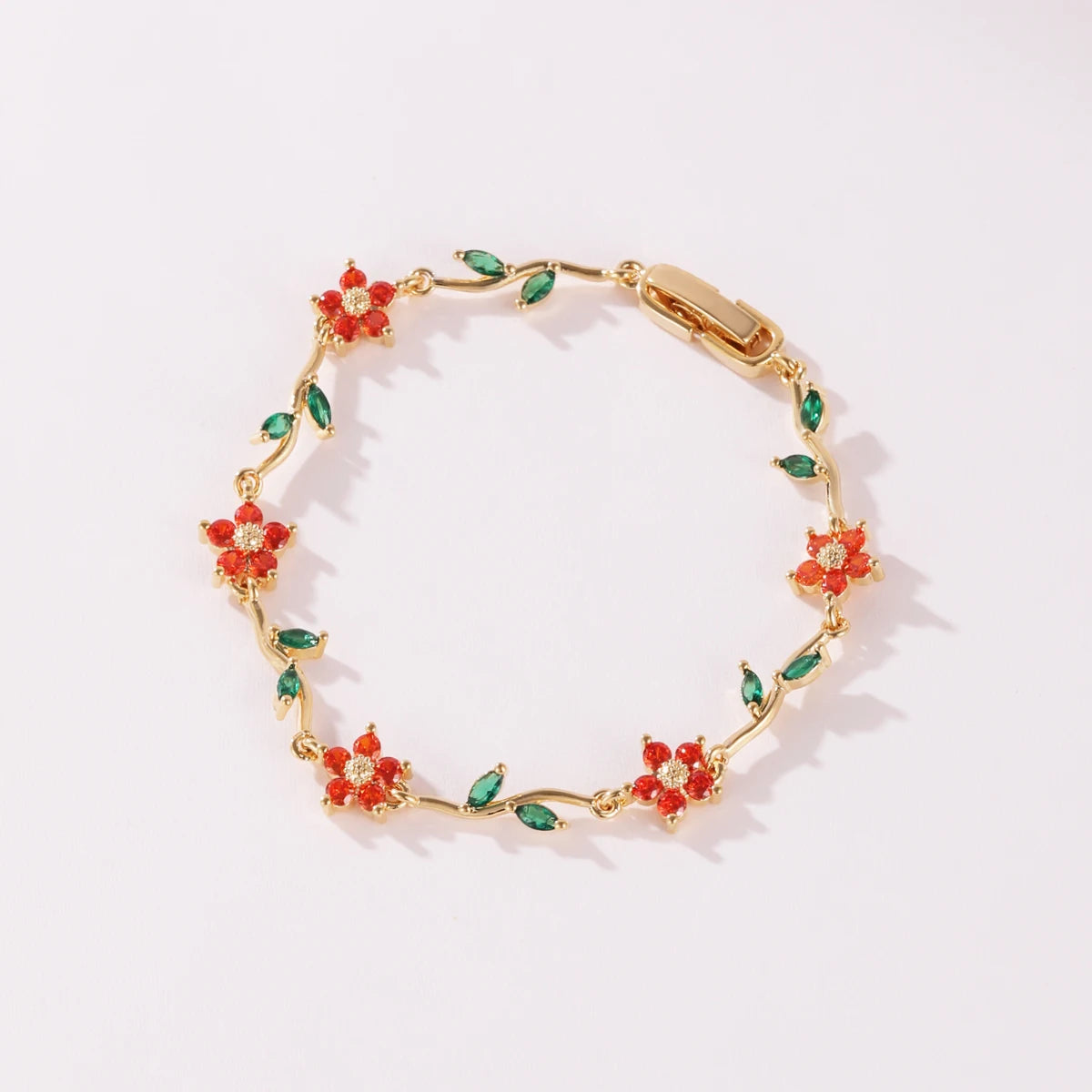Elegant Multiple Color Flower Charm Zircon Branch Leaf Bracelet Dopamine Niche Sense 18K Gold Plated Women's Bangle Gifts