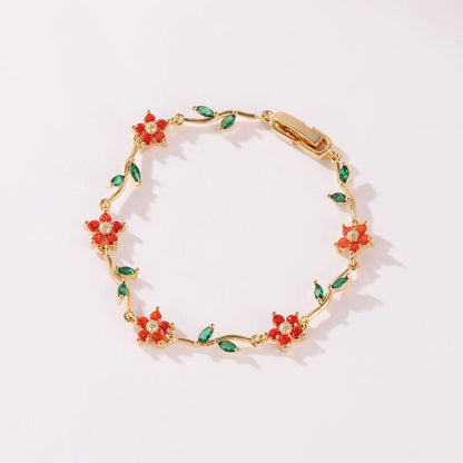 Elegant Multiple Color Flower Charm Zircon Branch Leaf Bracelet Dopamine Niche Sense 18K Gold Plated Women's Bangle Gifts