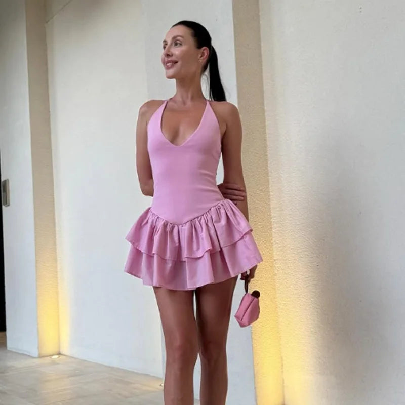 HXAO Off Shoulder Women's Dress Halter Solid Short Dresses 2025 Woman V Neck Layered Mini Dress Backless Party Dress For Women
