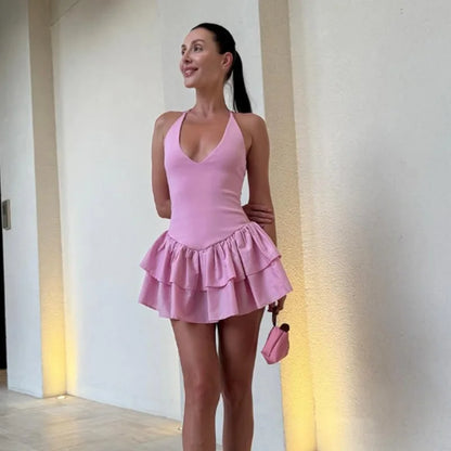HXAO Off Shoulder Women's Dress Halter Solid Short Dresses 2025 Woman V Neck Layered Mini Dress Backless Party Dress For Women
