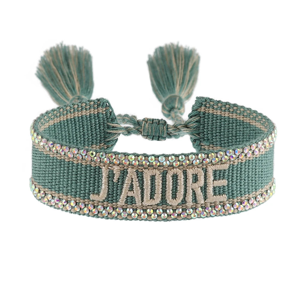 Rhinestone Embroidery Woven Bracelets Adjustable Rope Stackable Bangle For Women