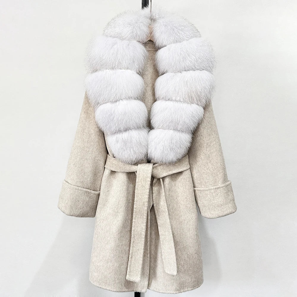 GENHUA 2025 New Winter Cashmere Wool Blends Women Natural Fox Fur Collar Cuffs Slim Fit Suit Double Sided Woolen Trench Coat