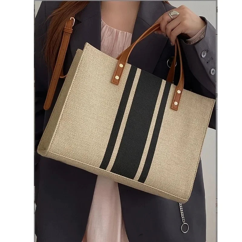 Women's Handbag Professional Commuter Stripe Simple Shoulder Large Bag Large Capacity Canvas Bag