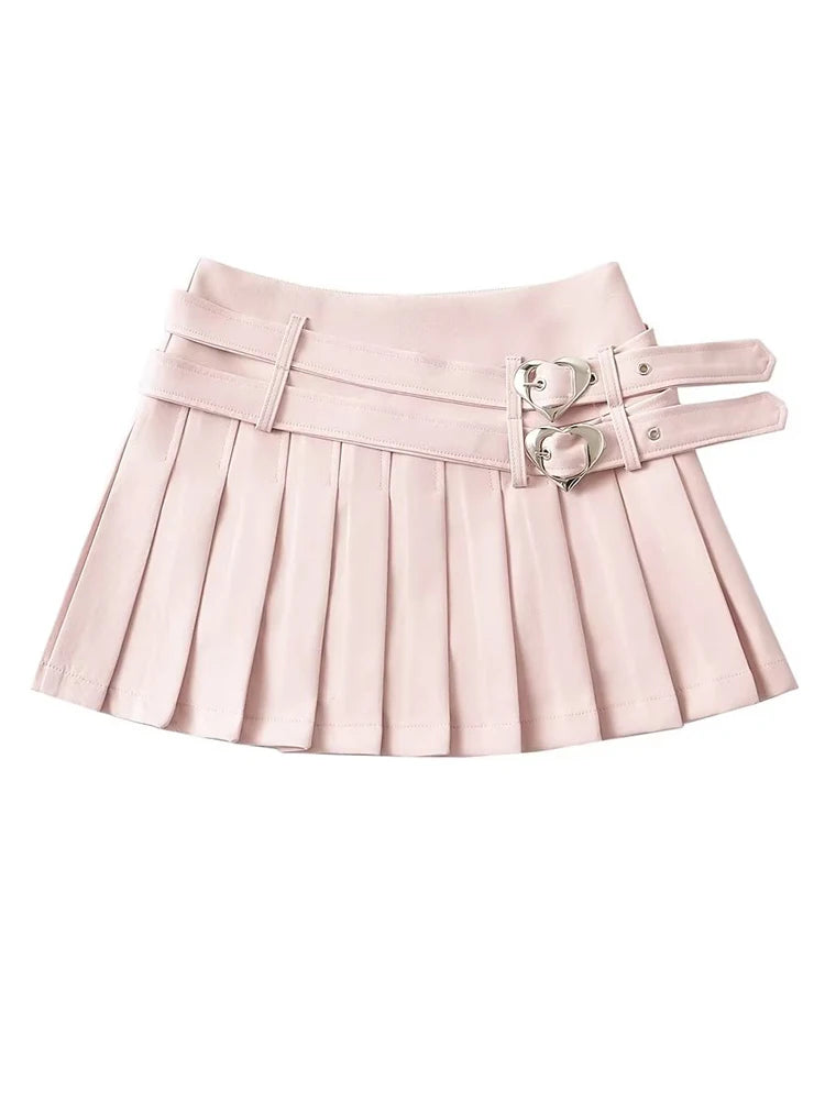 Women Summer New Fashion Hot Sweet Slim Pleated Super Short Skirt Cute Chic Heart Belt Mini Skort Streetwear Shorts Skirts
