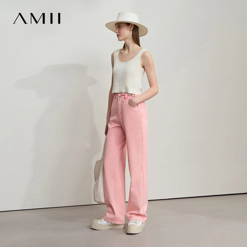 AMII Minimalist Women's Jeans 2025 Autumn New Versatile Retro Straight-leg Pants Solid Color Cotton Commuter Trousers 12542023