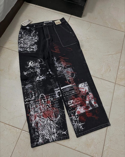 New Cyberpunk Jeans Mens American Y2K Red Graphic Street Goth Baggy Wide-Leg Pants Harajuku Hip-Hop Straight Pants