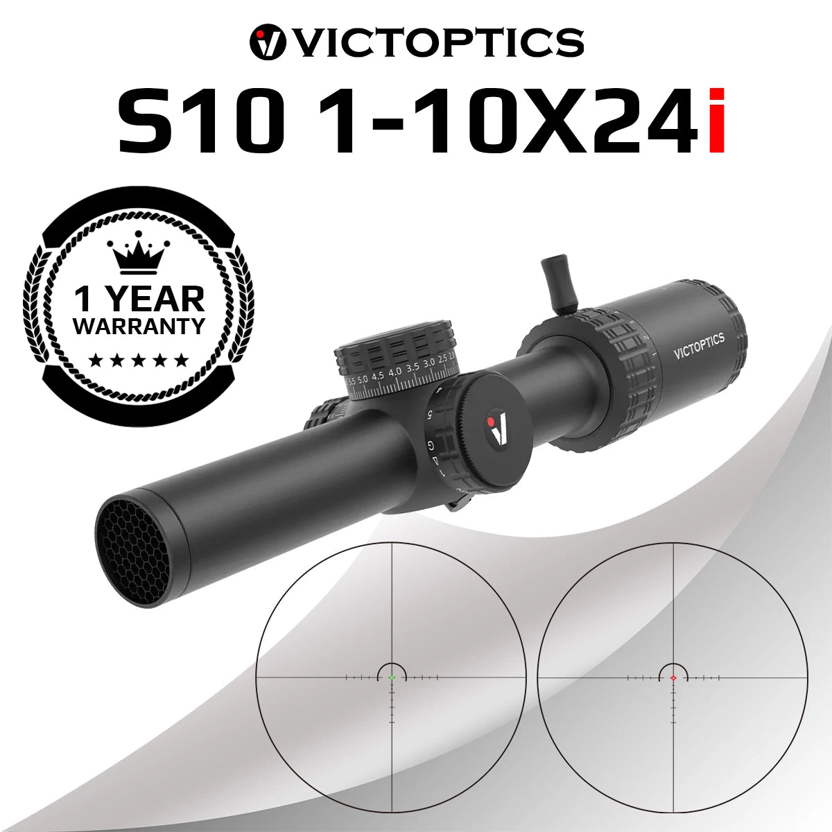 VictOptics S10 1-10x24i Rifle Scope Fiber Reticle 5-Level Illumination Long Eye Relief Wide FOV 1/4 MOA Lock Turret for Hunting