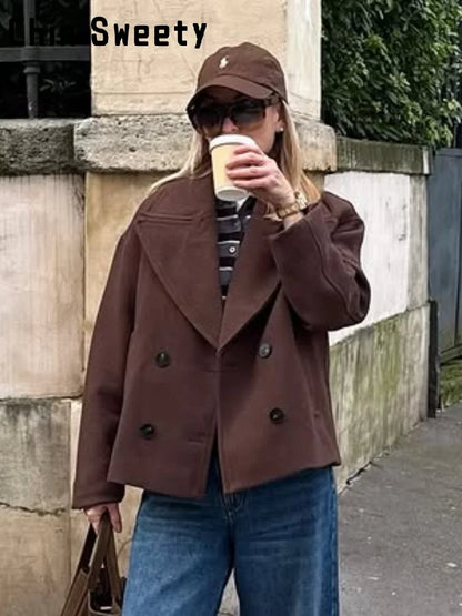 Casual Short Woolen Blends Coats Women Loose Lapel Bouble Breasted Pocket Full Sleeve Jacket 2025 Autumn Winter Lady Solid Coat