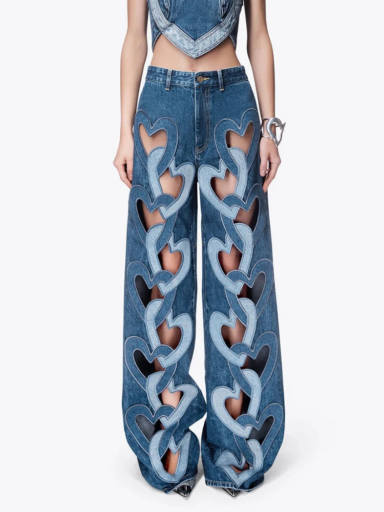 VGH Hollow Out Casual Hit Color Denim Trousers For Women High Waist Patchwork Button Streetwear Loose Straight Pants Female New
