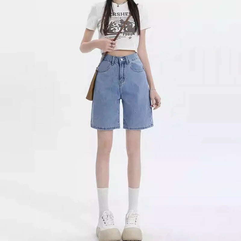 High Waist Wide Leg Five Inch Denim orts Women's Hip Covering Loose Straight Cut Student 5 Point mid Pants Retro Sle