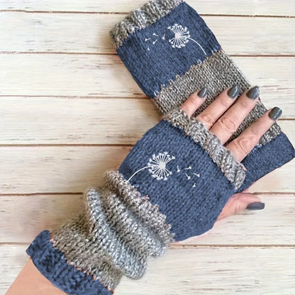 Winter gloves, dandelion embroidered mitten gloves, retro outdoor-style fingerless gloves, women's warm gloves, thickened gloves