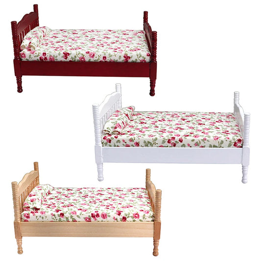 1:12 Dollhouse Miniature Double Bed Model European Bedroom Scene Furniture Accessories For Doll House Decor Kids Play Toys Gift