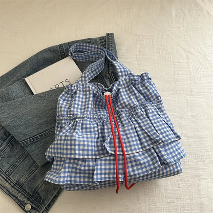 Women's Tote Bag Ruffles Plaid Drawstring Handbag Women Fashion Canvas Shoulder Bags	Large Capacity Korean Bags Bolsos De Mujer