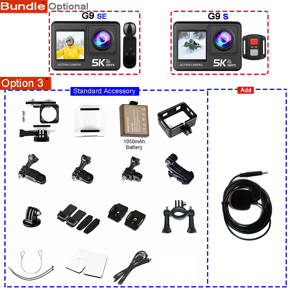 Action Camera 5K 4K60FPS 50MP 2.0 Touch EIS Pre-Record Wireless Mic Wi-Fi 170D DVR Webcam Waterproof 30M 5X Zoom Sports Camera