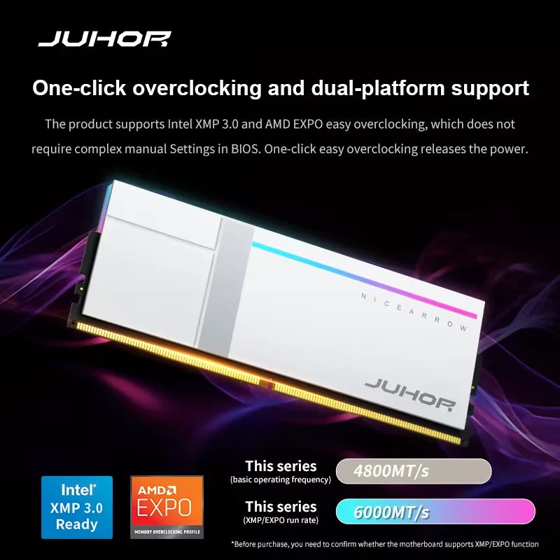 JUHOR Memoria Ram DR5 RGB 16GB 6000MHz 6800MHz 7200MHz 8000MHz  DIMM Ram Dual Channel Sunning Desktop Memory Ram