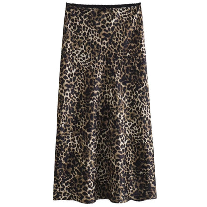 HXAO Women's Skirt Leopard Bow Satin Skirt Summer 2025 Vintage High Waist Wrap Long Skirts For Women Elegant High Street Skirts