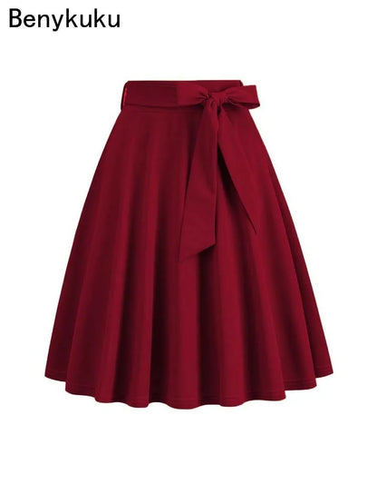 2025 Women Retro Vintage Midi Long Skirt Solid Elegant High Waist A Line Skater 50s Swing Skirts Ladies Workwear Falda Mujer