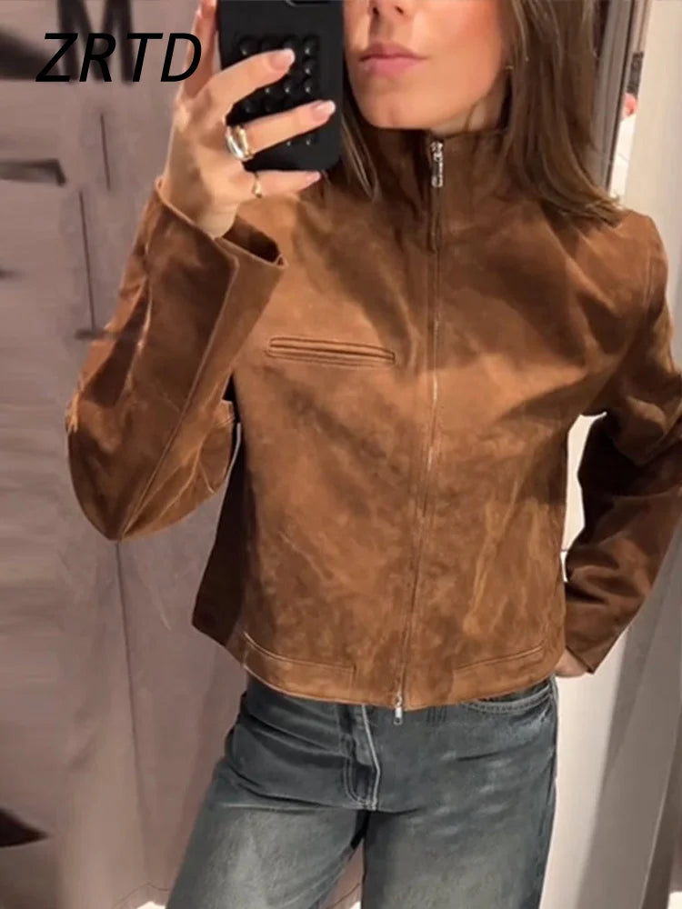 Street Women's Short Suede Jackets Stand Collar Zipper Full Sleeve Female Coats 2025 Autumn Lady Fashion Y2k Outwear New