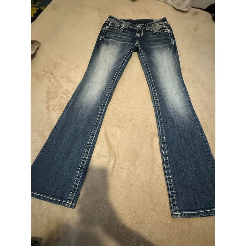 Women Slim Fit Personalized Cross Embroidered Jeans American Style Y2k Millennial Spicy Girl Low Waist Design Floor Length Pants