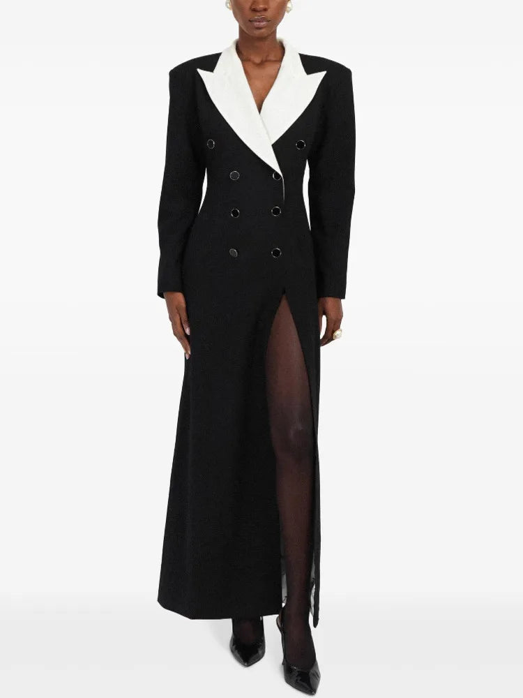 DEAT Fashion  Contract Color Lapel Long Blazer Women's  Double Breasted Retractoin Waist Slim Fit Suit Jacket Spring New 7AB6826