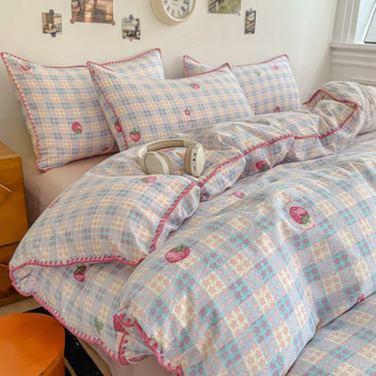 Skin-Friendly Double-Layer Yarn Bedding Set New Country Floral Soft Comforter Sets 100% Cotton Fitted Sheet Kit with Quilt Cover