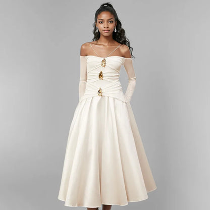 WTHT New Fashion Women Metal Buckle Design Sling Long Sleeves Dress 2025 Spring Off-shoulder A-line Party Dresses Female 1LS953
