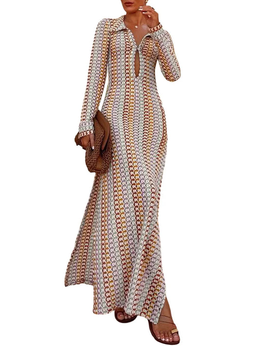 2024 New Fashion Women's Summer Crochet Long Dress Deep V-Neck Long Sleeve Thigh Slit Slim Beach Dress