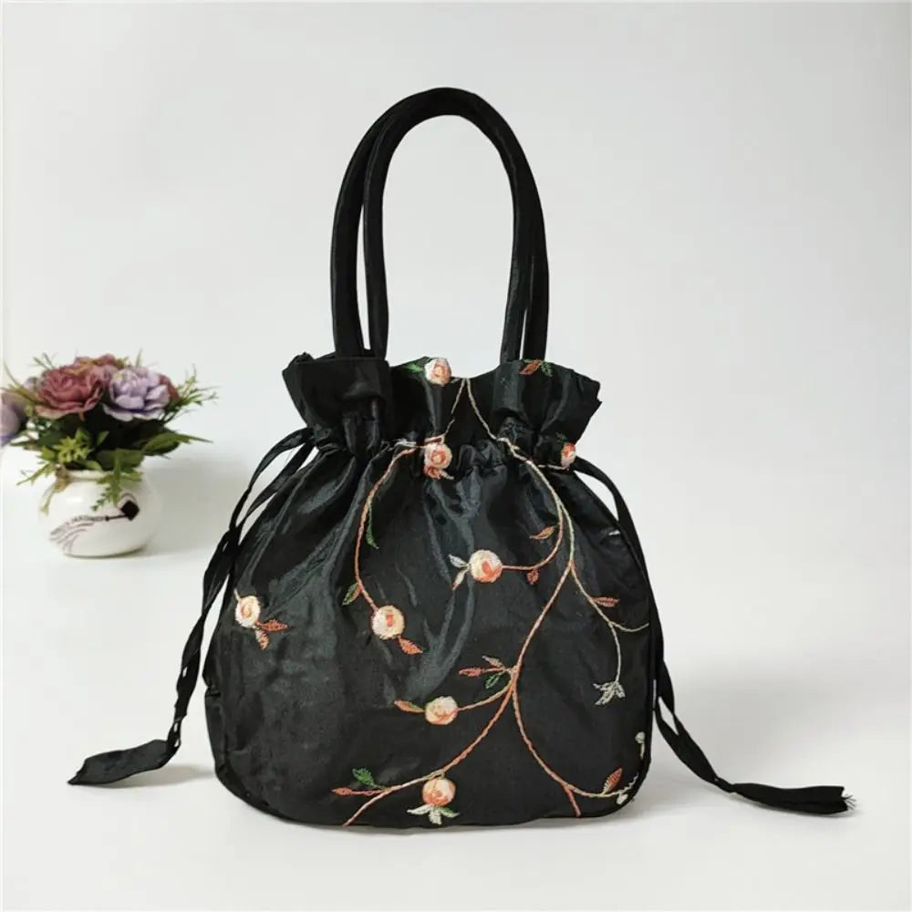 Elegant Ethnic Style Cosmetic Handbag Women Flower Handbags Embroidered Flower Small Bucket Bag National Style Purse Jewelry Bag