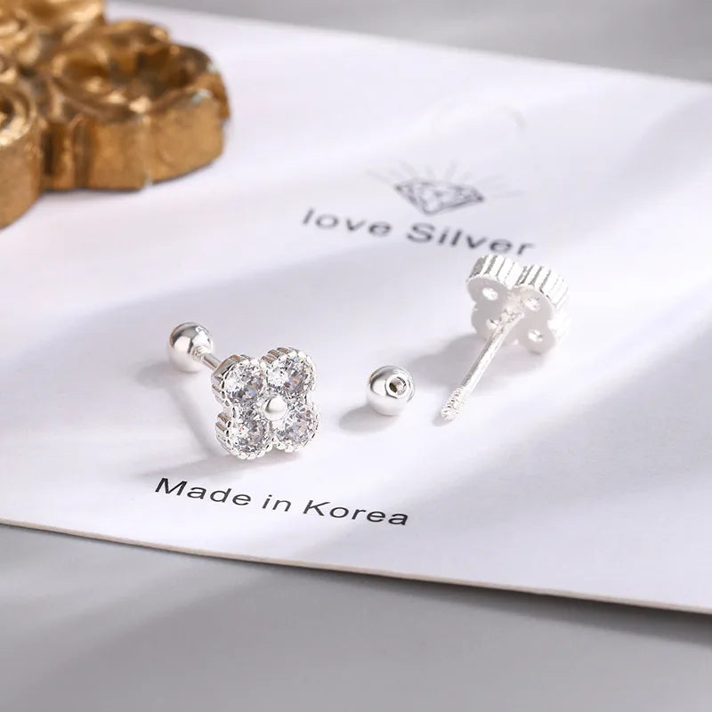 925 Sterling Silver Four Round Zircon Small Piercing Stud Earrings For Women Luxury Elegant Fine Jewelry Accessories Jewellery