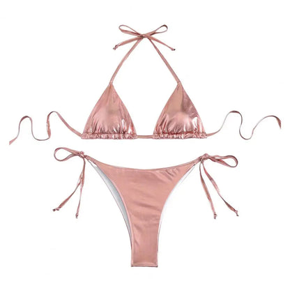 Solid Color Halter Neck Strap Thong Women Swimsuit Two Pieces Bikini Set Bronzing Surface Lace-up Briefs Beach Swimwear Swimsuit