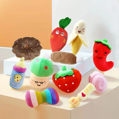 5PCS set of puppy sound toys, loose plush pet chewing, plush fruit snacks and vegetable puppy toys, suitable for cute playm
