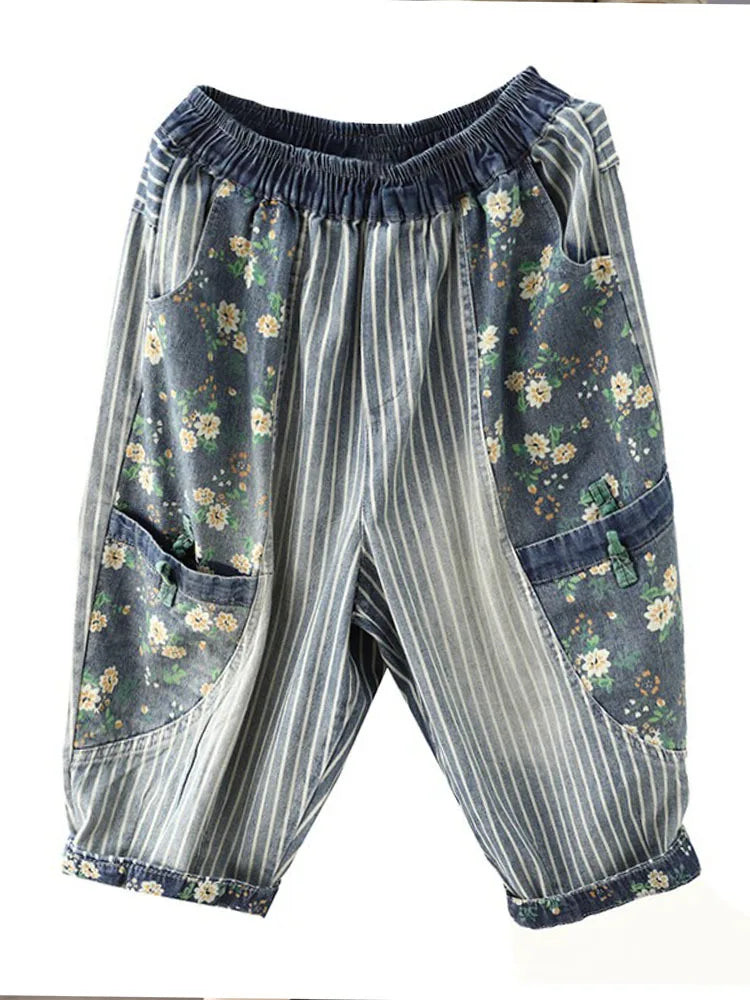 Amax luluE 2025 Summer Fashion Printed Jeans Chinese Women Casual Loose Striped Denim Pants Ladies Floral Vintage Harem Trousers