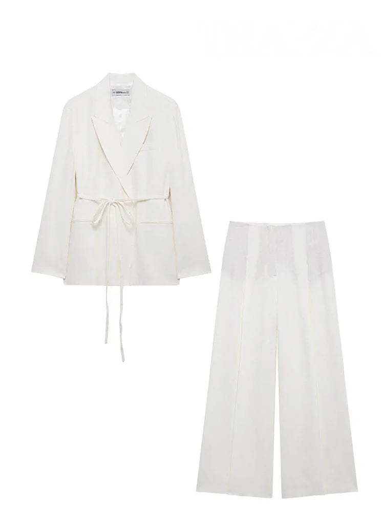 HH Women's Suits White Turn-Down Collar Long Sleeves Lace-Up Blazers+High Waist Zipper Long Pants Female Spring Fashion Sets