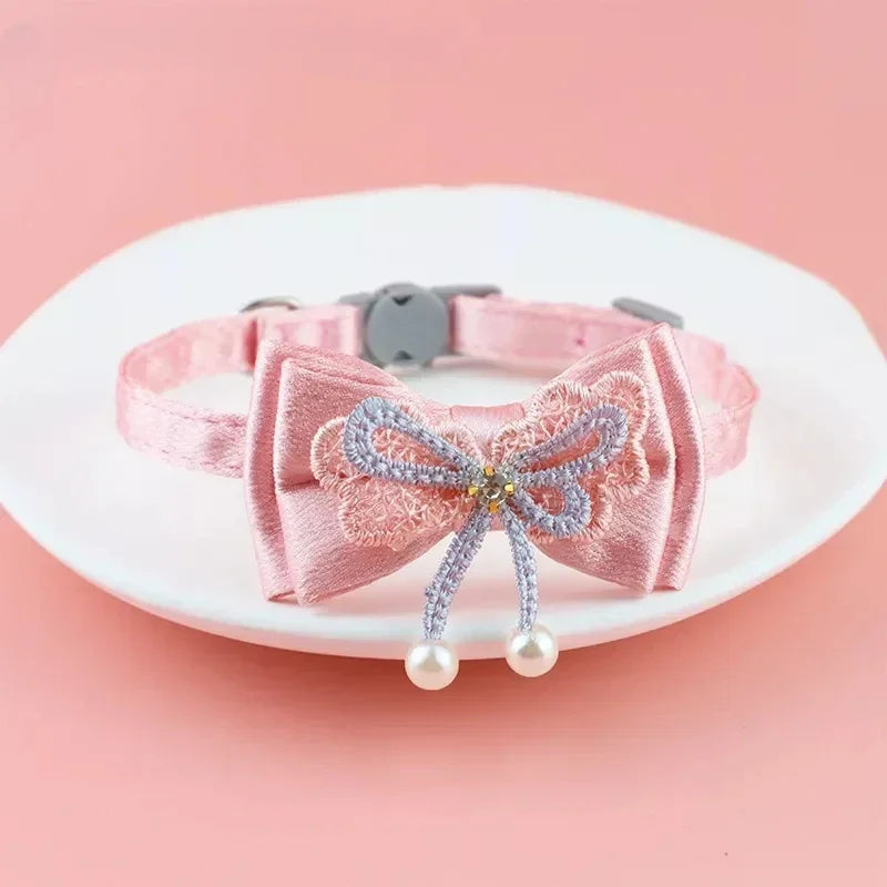 Pet Collar Pink Lace Bow Hanging Bead Cat Collar with Bell Pet Dog Kitten  Accessories Fof Small Dogs Pet Products
