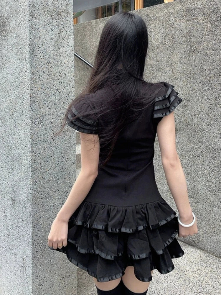 Y2K Japanese E-girl Gothic Vintage Half High Neck Short Sleeved Bow Lace Dress Cinched Waist Cool Girl Black Streetwear Dress