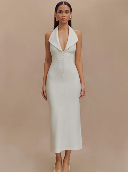 TARUXY Halter V Neck Backless Split Dress Women's Fashion Bodycon Sleeveless Sexy Long Dress Autumn New Slinky Waist Vest Dress