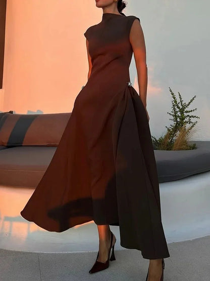 Elegant Oblique Collar Pleated A-line Dress Women Fashion Solid Sleeveless Slim Long Dresses Female 2024 New Evening Party Gowns
