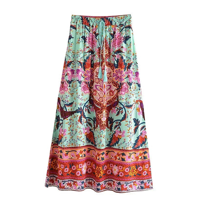 Boho Queens Peacock Women Vintage Floral Printed Tassel Beach Bohemian Maxi Skirts Ladies Elastic Waist Rayon Long Skirt