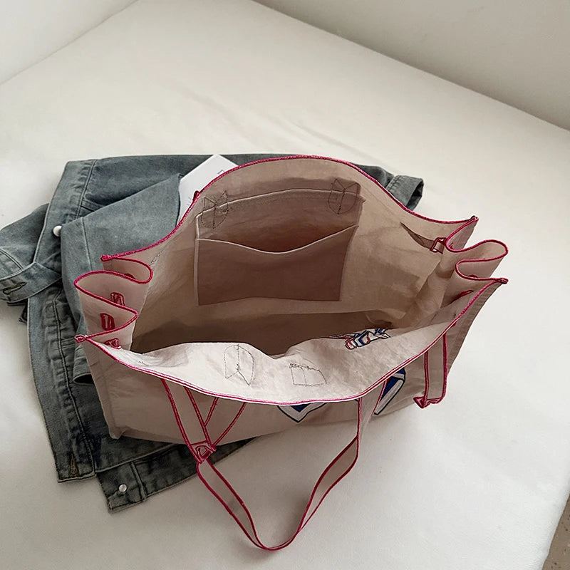 Japanese Nylon Silk Scarf Embroider Tote Bag Large Capacity Fashion Shoulder Bag for School Work Shopping Retro Handbag 2025 NEW