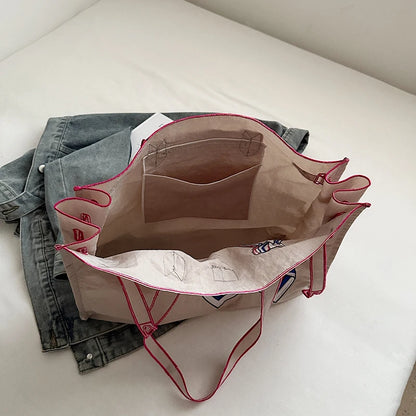 Japanese Nylon Silk Scarf Embroider Tote Bag Large Capacity Fashion Shoulder Bag for School Work Shopping Retro Handbag 2025 NEW