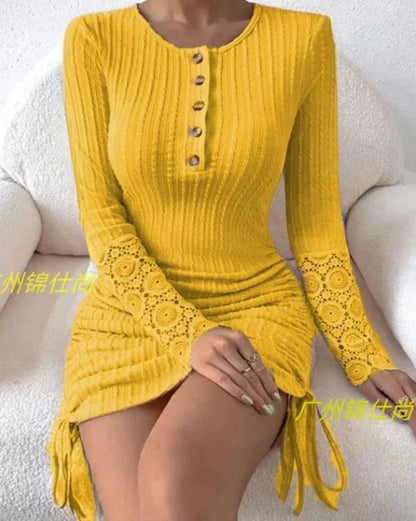 Autumn New Women's Round Neck Long Sleeved Sexy Spicy Girl Tight Fitting Hip Hugging Dress With Adjustable Side Drawstring