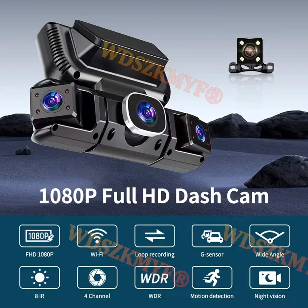 Dash Cam 4 Lens WiFi 24H Parking Monitor HD 1080P 360° Car Camera Video Recorder Anti-theft Black Box Rear View Camera Free OBD2