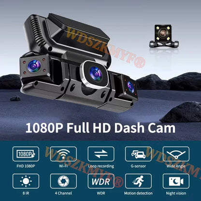 Dash Cam 4 Lens WiFi 24H Parking Monitor HD 1080P 360° Car Camera Video Recorder Anti-theft Black Box Rear View Camera Free OBD2
