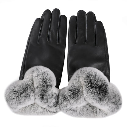 BOONJOVIA Elegant Women's Winter Warm Genuine Leather Gloves With Rex Rabbit Fur Trim Cuffs Velvet Lined