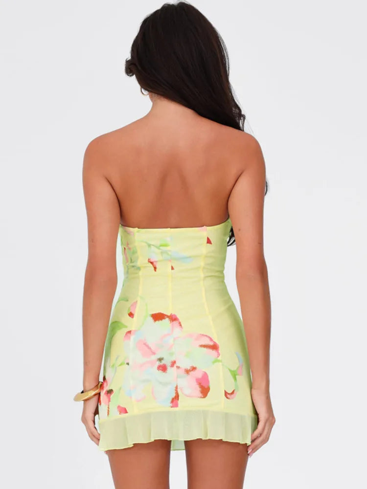Mozision Off-shoulder Strapless Sexy Mini Dress For Women Robe Yellow Sleeveless Backless Ruffled Printed Club Dress Vestido