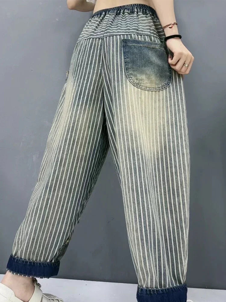 Amax luluE 2024 Summer Females Fashion Denim Pants Women Loose Vintage Striped Design Jeans Ladies Casual Classic Harem Trousers