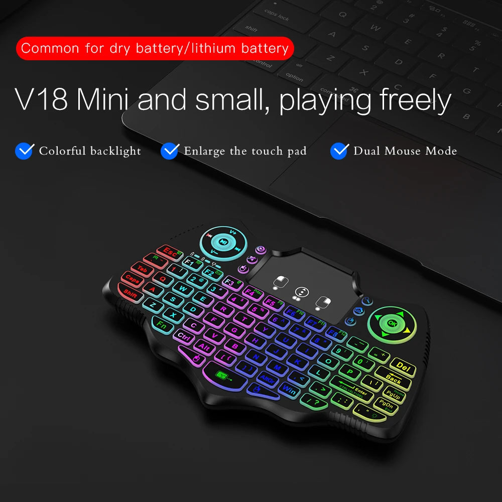 MRSVI V18 Mini-Funktastatur 2,4 GHz BT Touch 7-farbige Hintergrundbeleuchtung Französisch Spanisch Russisch Air Mouse Tastatur Geschenk für Android TV Box