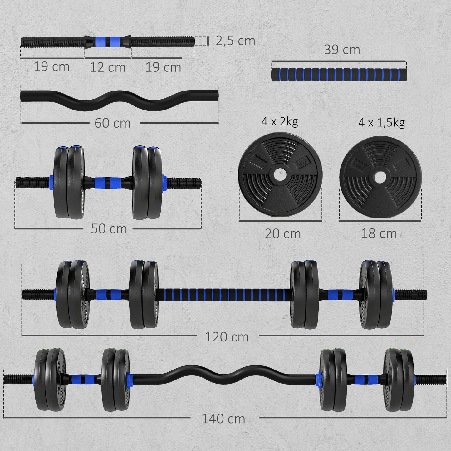 SPORTNOW dumbbells Kit bodybuilding adjustable dumbbells 15 kg 3 1, adjustable weight set with extension bar, handle year