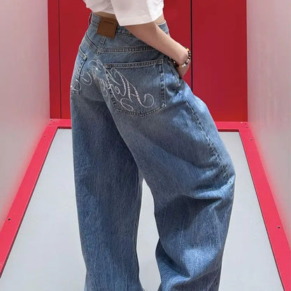 Women's Harajuku Full Length Baggy Emo Denim Trouser 2025 Summer High Waist Y2K 2000s Blue Pants Casual Retro Loose Jeans