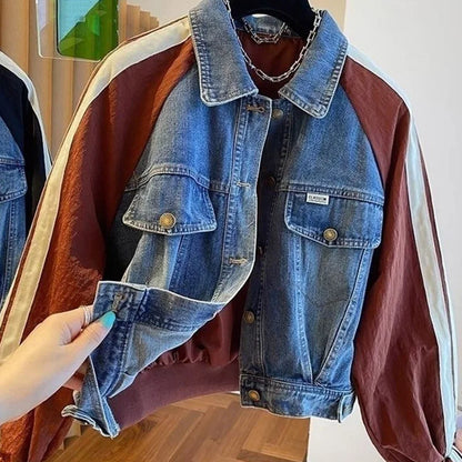 2025 Spring Autumn Short Baseball Jacket Loose Fitting Cowboy Women Outerwear European Fashion Splicing Together Denim Lady Coat